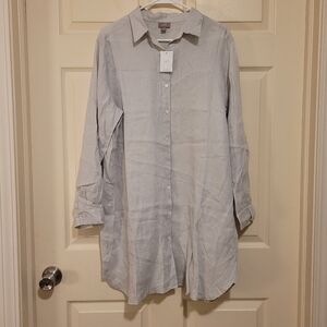 J.Jill Linen Button Up Shirt Medium Gray Roll Tap Sleeve Minimalist Lightweight